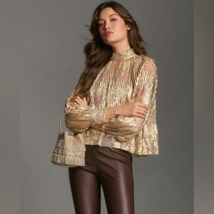 NWT Maeve Anthropologie Gold Metallic Plisse Top, Medium